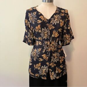 VTG Women’s SZ. 16 Gray Yellow Flower Silk Blouse Button Up Short Sleeve Preppy